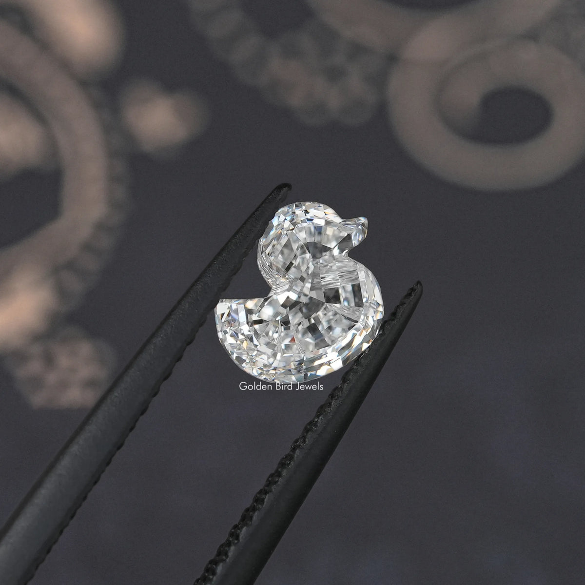 Duck-cut lab-grown diamond, multi-faceted sparkle, pointed ends, angled view
