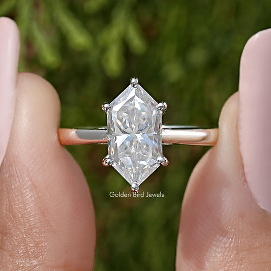 Sterling silver marquise moissanite solitaire ring with marquise center stone, four-prong setting
