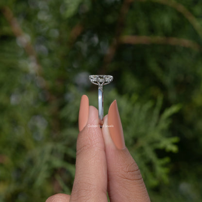 Marquise-cut moissanite ring, silver band, top setting close-up
