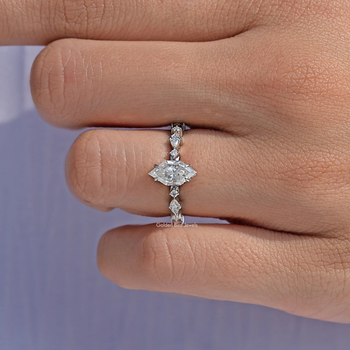 Sterling silver marquise moissanite ring viewed from below, showing the center stone