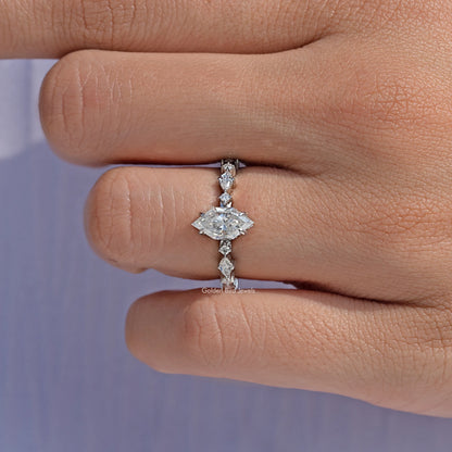 Sterling silver marquise moissanite ring viewed from below, showing the center stone