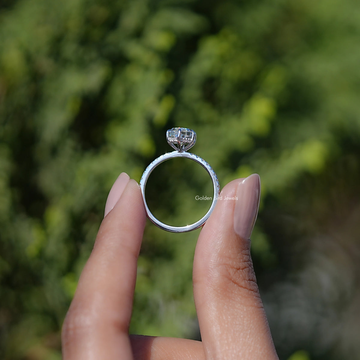 Back view of Dutch Marquise Shaped Solitaire Moissanite Ring Set in secure setting 