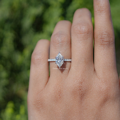 In finger view of Dutch Marquise Shaped Solitaire Moissanite Ring