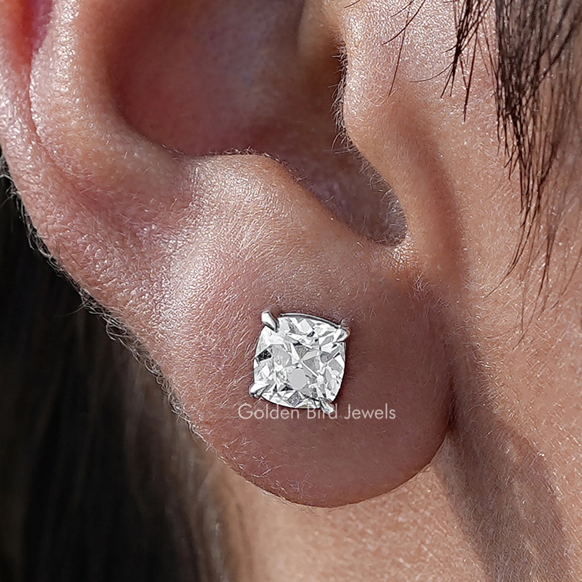 Close Up View Of Square Old Mine Cushion Cut Diamond Solitaire Stud Earrings