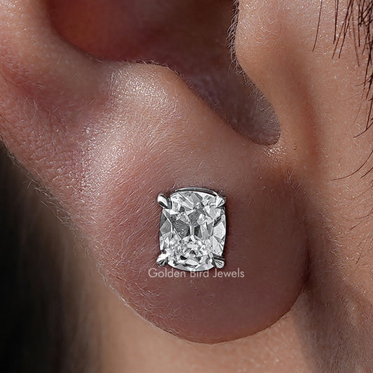 Close Up View Of Old Mine Cushion Cut Diamond Solitaire Stud Earrings