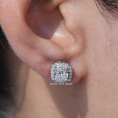 close up view of Cushion Cut Lab Diamond Halo Stud Earrings