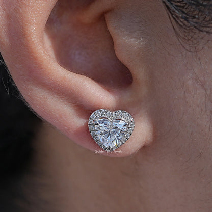 close up view of Heart Cut Lab Diamond Halo Stud Earrings