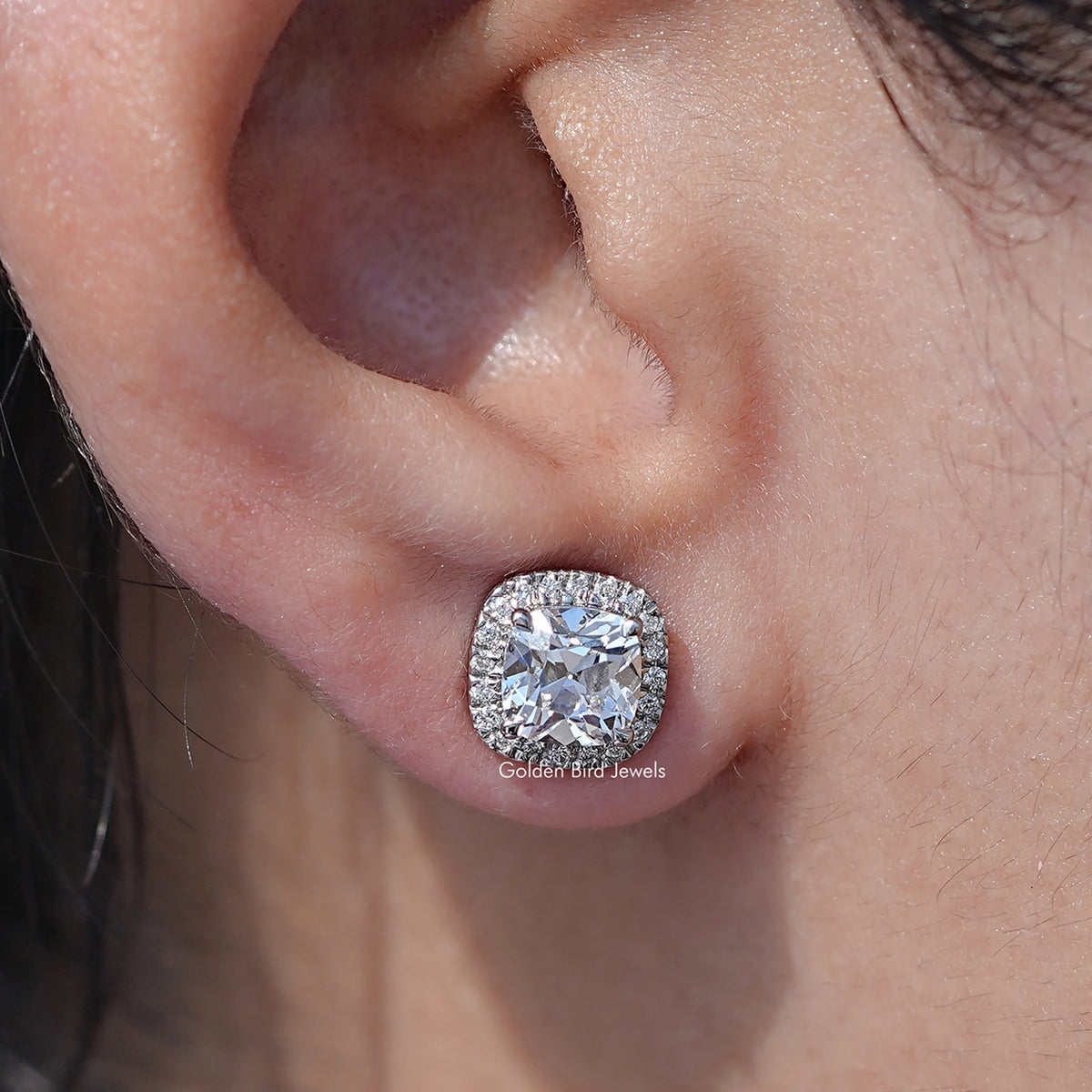 close  up view of Square Old Mine Cushion Diamond Halo Stud Earrings