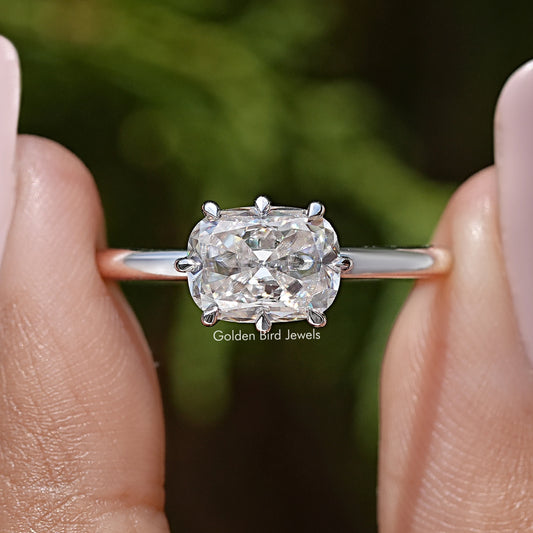 Silver cushion-cut moissanite ring with halo and side prong setting