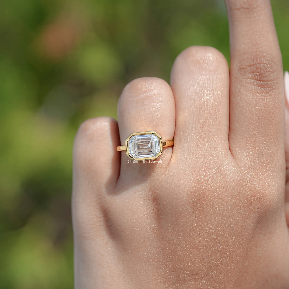 Top View Of East West Old Mine Moissanite Emerald Cut Ring