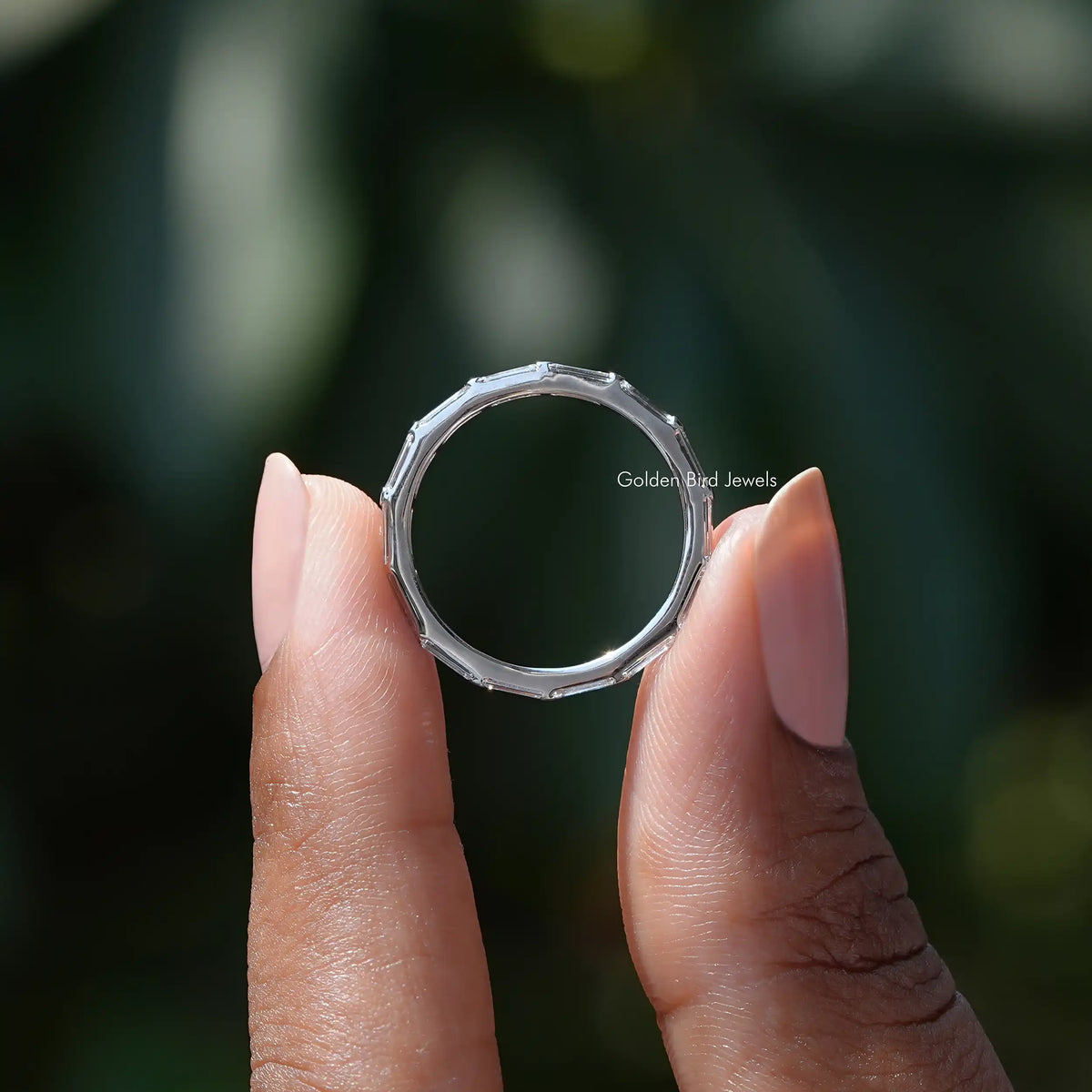 Back View of East West Baguette Cut Diamond Wedding Band In two fingers