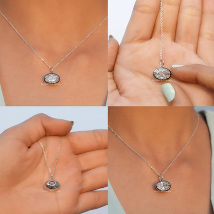 Front side back and close view of solitaire oval cut pendant 