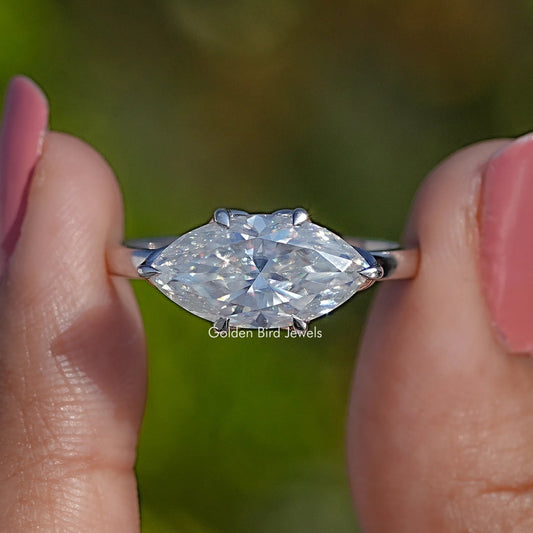 Front View of East West Set Marquise Moissanite Solitaire Ring
