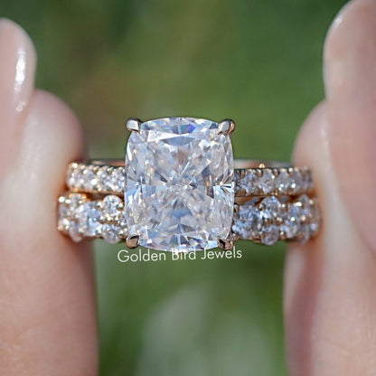 Elongated cushion-cut moissanite ring set with pavé double band