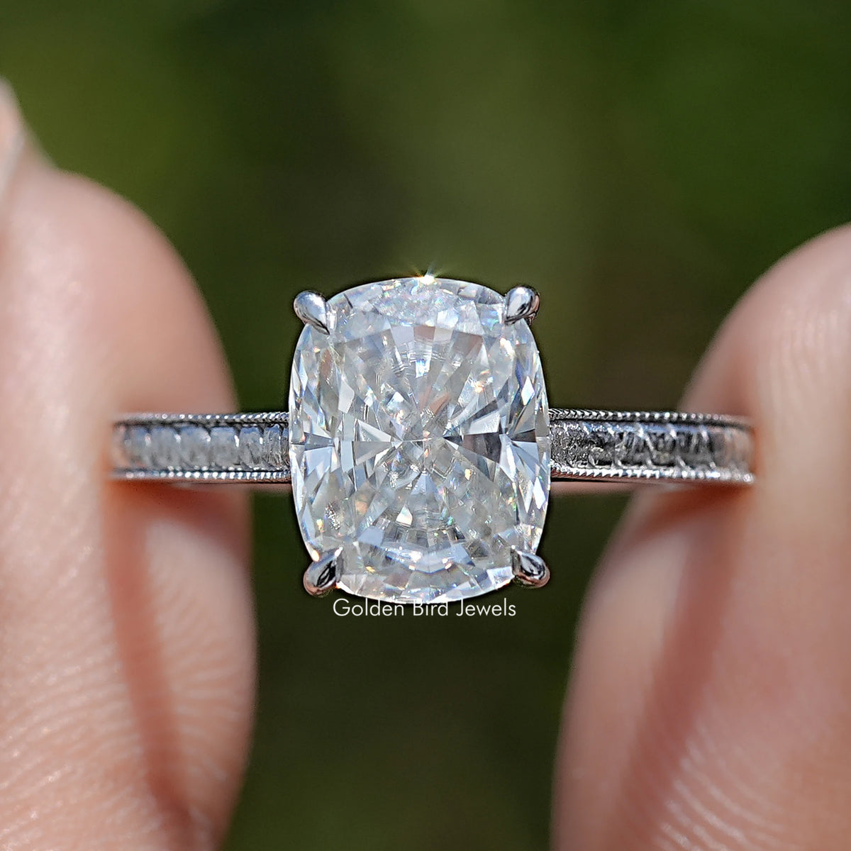 Front view of Elongated Cushion Cut Moissanite Ring