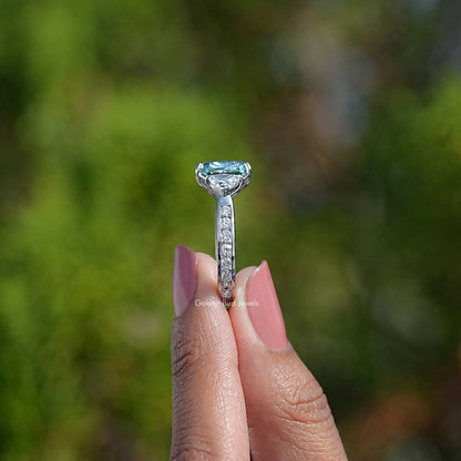 Argentium silver cushion-cut moissanite engagement ring, vertical side view