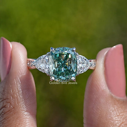 Front View of Elongated Cushion Moissanite Three Stone Ring