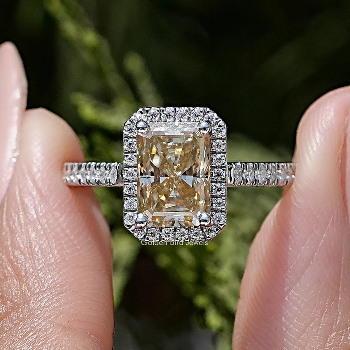 Radiant cut moissanite halo wedding ring with rectangular center stone and silver band