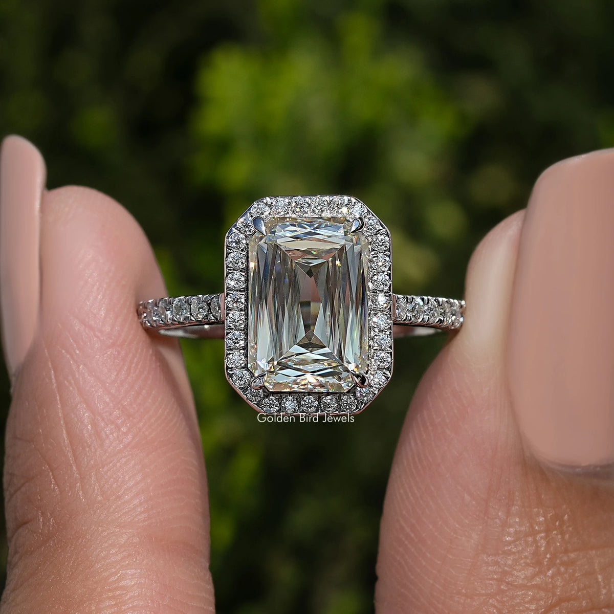 Sterling silver moissanite halo engagement ring close-up of square center stone