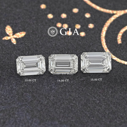 Three emerald-cut lab diamonds, GIA marked: 13.00 CT, 14.00 CT, 15.00 CT.