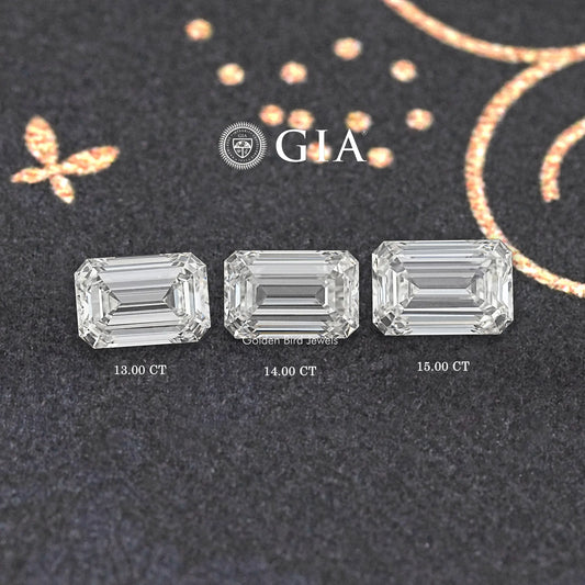 Three emerald-cut lab diamonds, GIA marked: 13.00 CT, 14.00 CT, 15.00 CT.