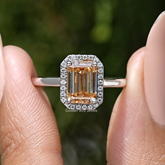 Emerald-cut moissanite halo engagement ring in sterling silver