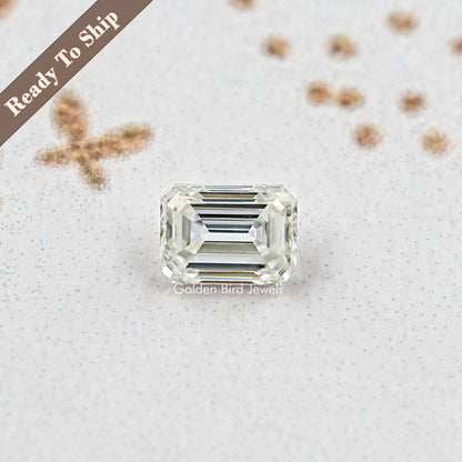 Emerald-cut moissanite loose stone with crisp step-cut facets