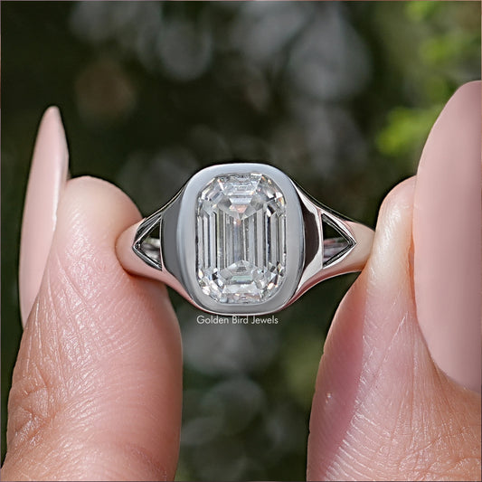 Emerald Cut Moissanite Bezel Set Engagement Ring