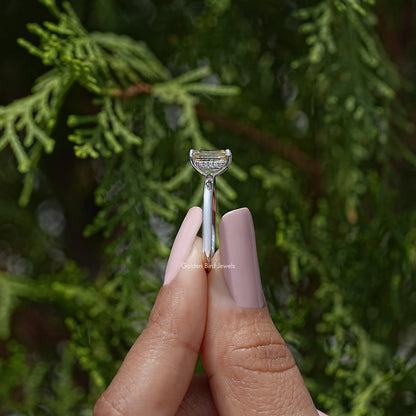 Yellow emerald-cut moissanite solitaire ring with side prongs, sterling silver