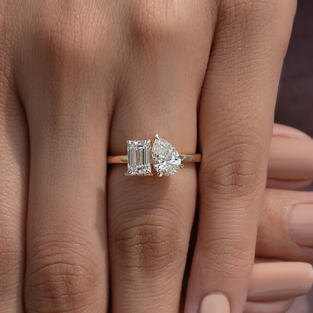Close-Up View of Pear And Emerald Cut Lab Diamond Toi Et Moi Ring In White Gold 