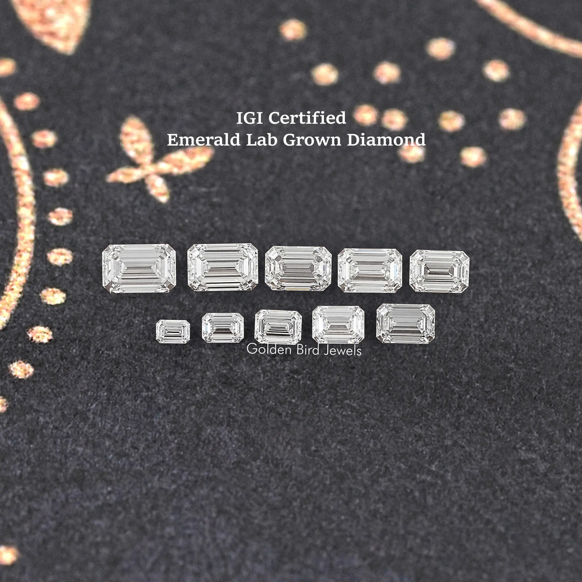 Emerald-cut lab-grown diamonds displayed in a row with crisp, icy step cuts