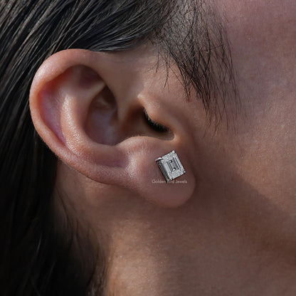 Detailed view of emerald cut diamond stud earings for women 