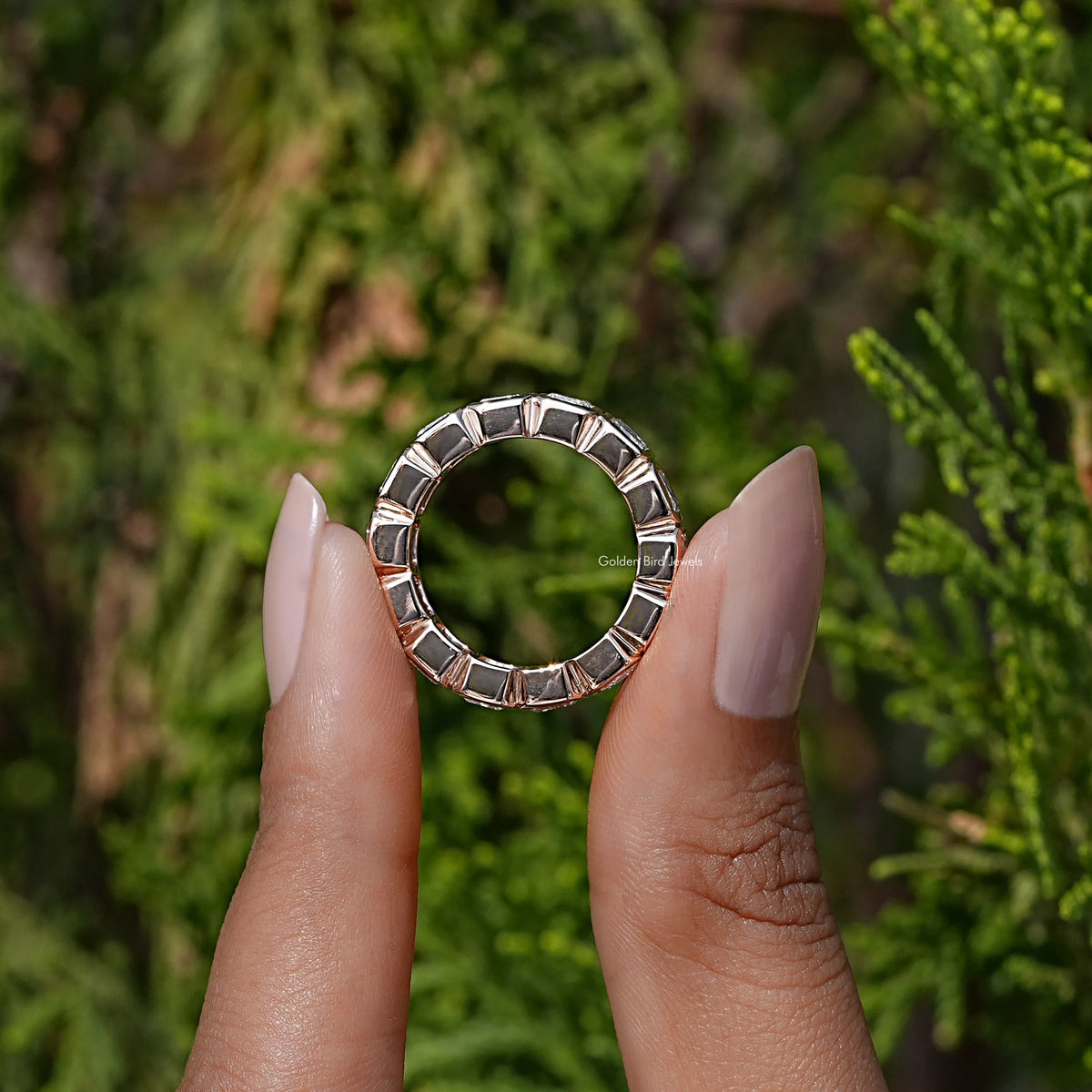 Back View of Emerald Cut Lab Diamond Full Eternity Band In two fingers