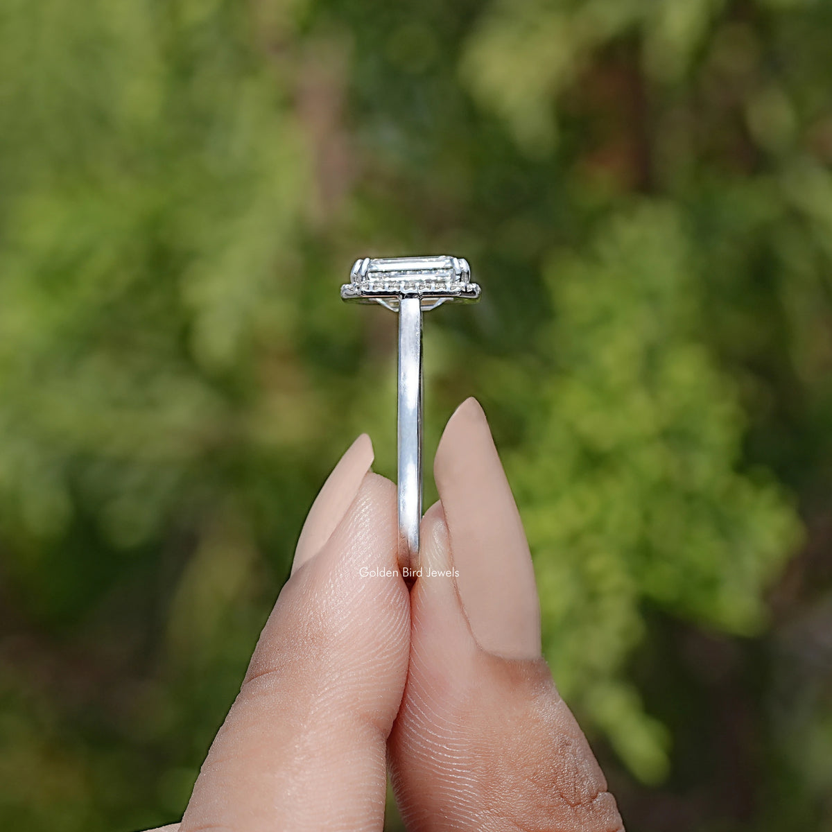 Side View Of Emerald Lab Diamond Halo Engagement Ring
