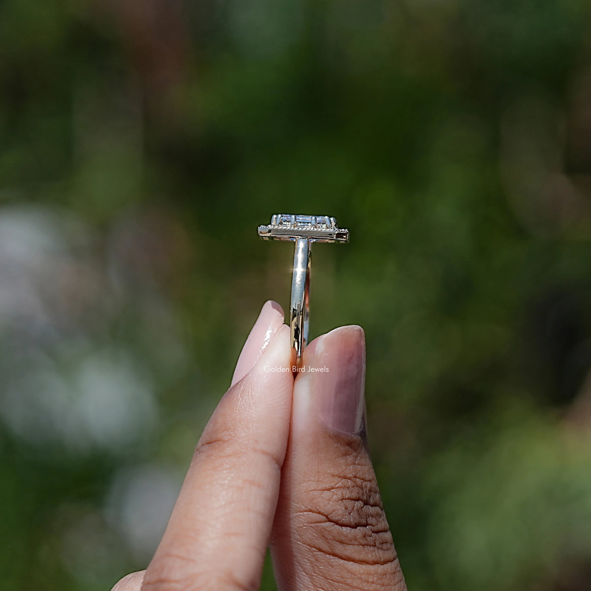 Side View of Emerald Shaped Lab Diamond Halo Ring