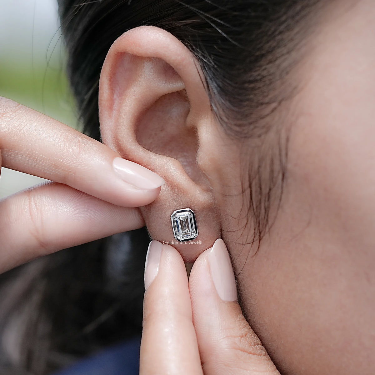 Detailed view of Emerald Cut Lab Diamond Stud Bridal Earrings