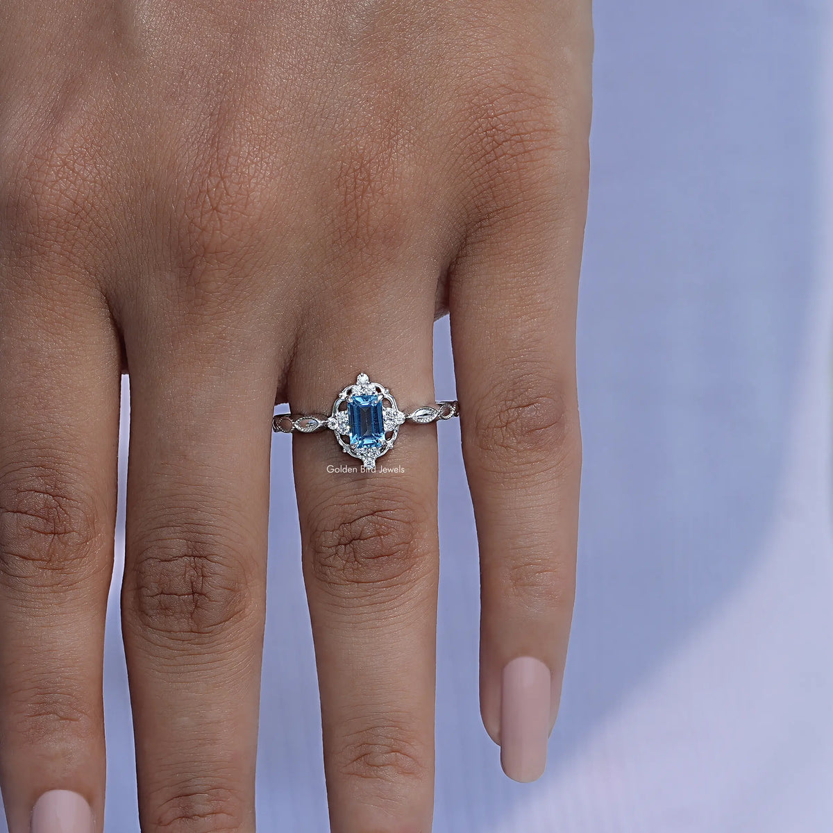 Front View of Emerald Cut Halo Ring In White Gold In White Gold