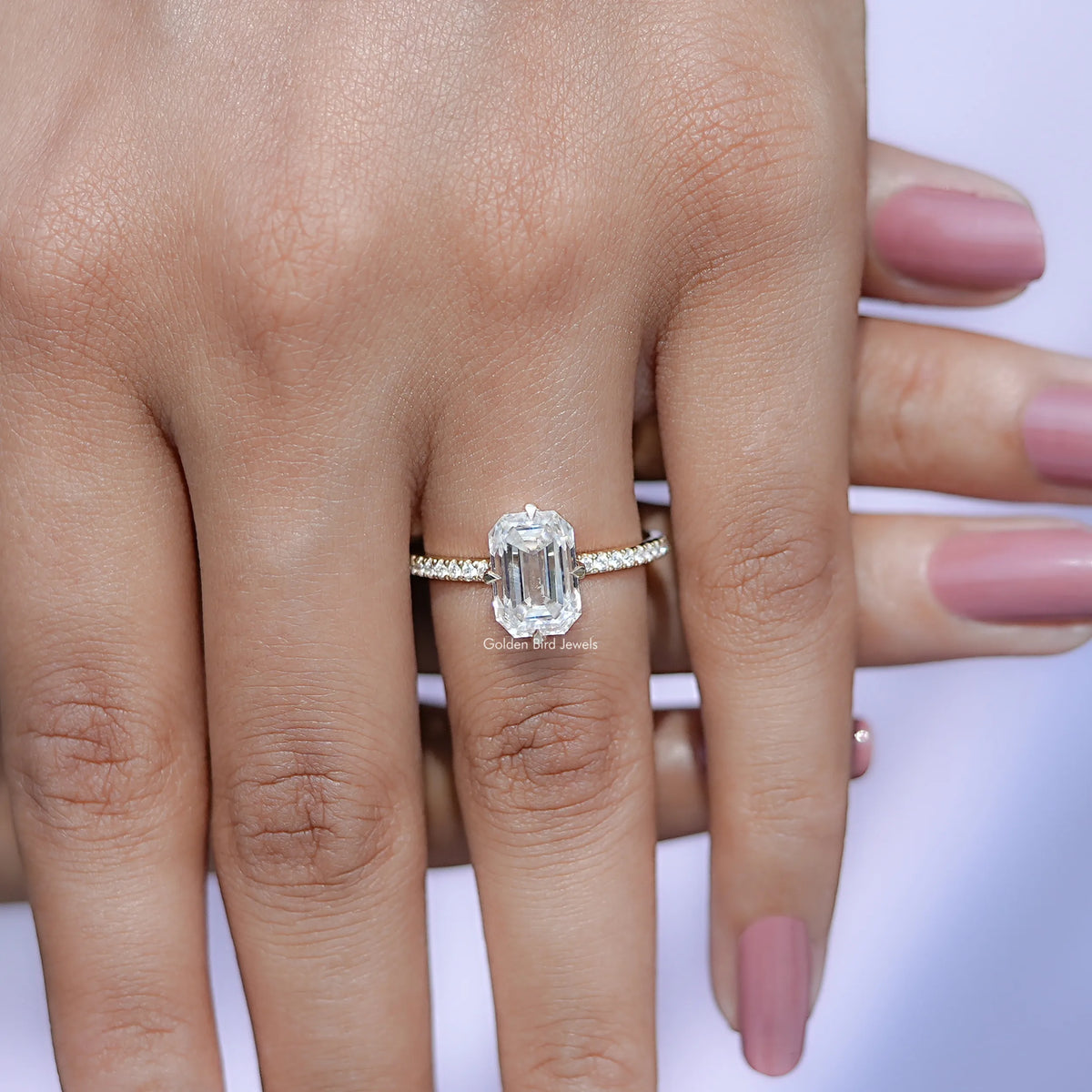 Close view of Emerald Cut Moissanite Engagement Ring