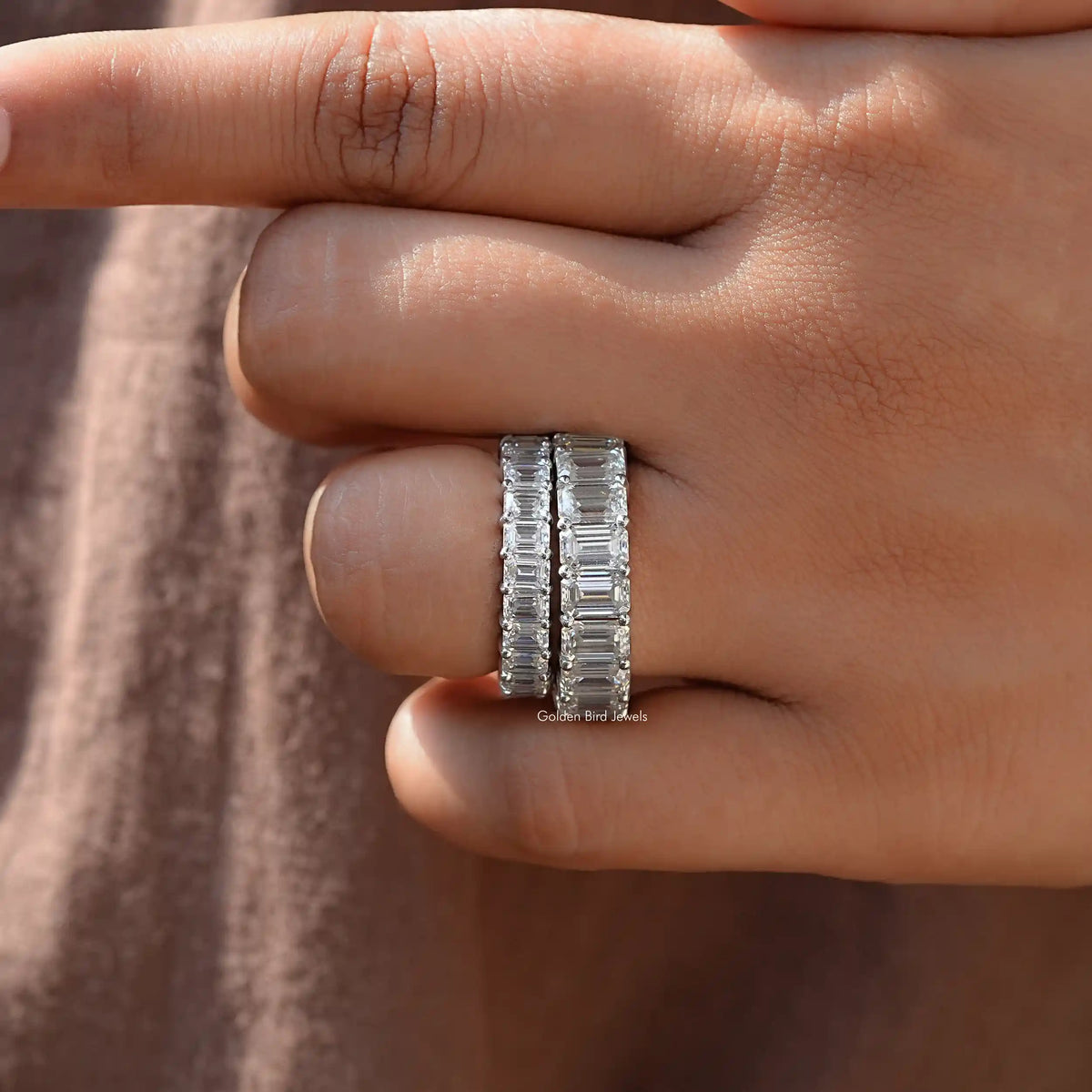 [White Gold Emerald Cut Moissanite Wedding Band]-[Golden Bird Jewels]