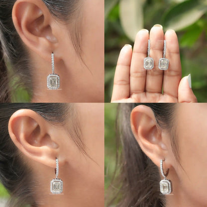 Silver emerald-cut halo drop earrings, square center stones in pair