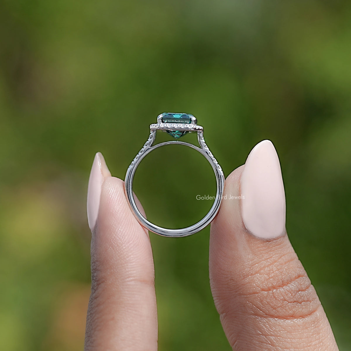 Sterling silver emerald-cut moissanite ring, open underside view
