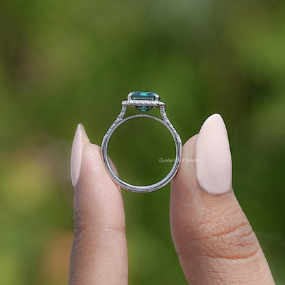 Sterling silver emerald-cut moissanite ring, open underside view