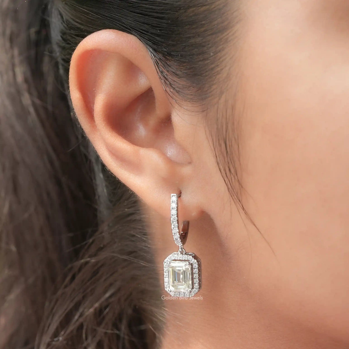Silver emerald-cut halo drop earrings, dangling square center stone