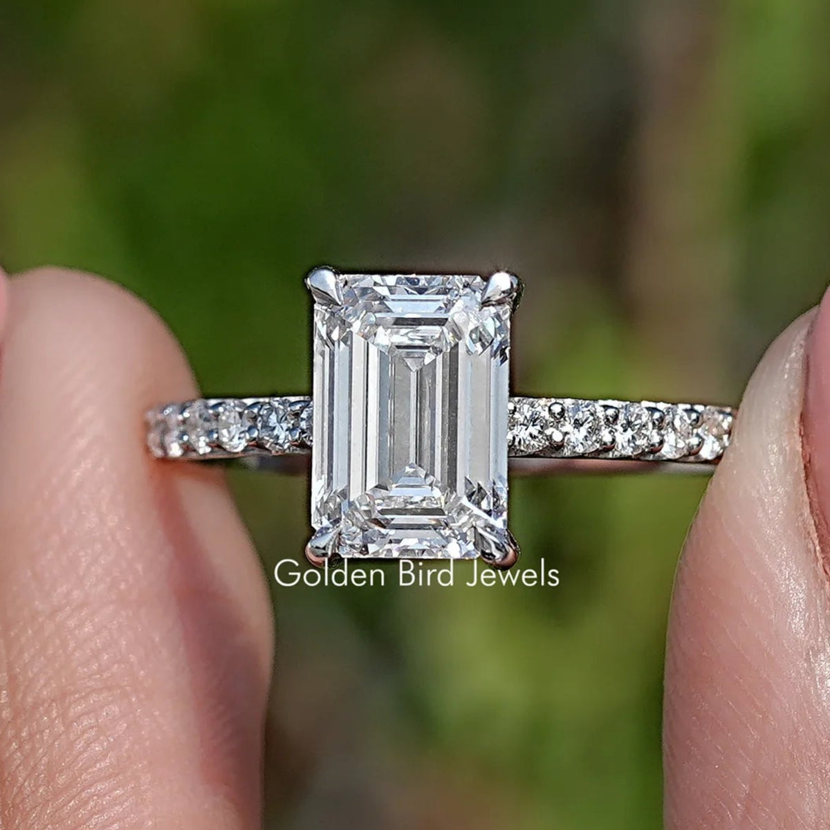 Front View of Emerald Lab Diamond Hidden Halo Engagement Ring