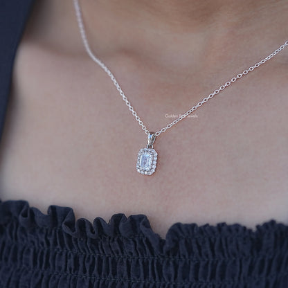 In Neck View of Emerald Cut Lab Grown Diamond Halo Pendant