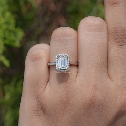Top View Of Emerald shaped diamond engagement ring 
