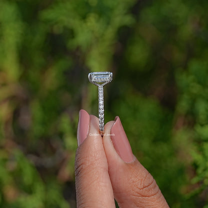 Side View Of Emerald Lab Diamond Hidden Halo Engagement Ring
