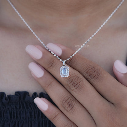 Display View of Halo Pendant In Emerald Cut Lab Diamond