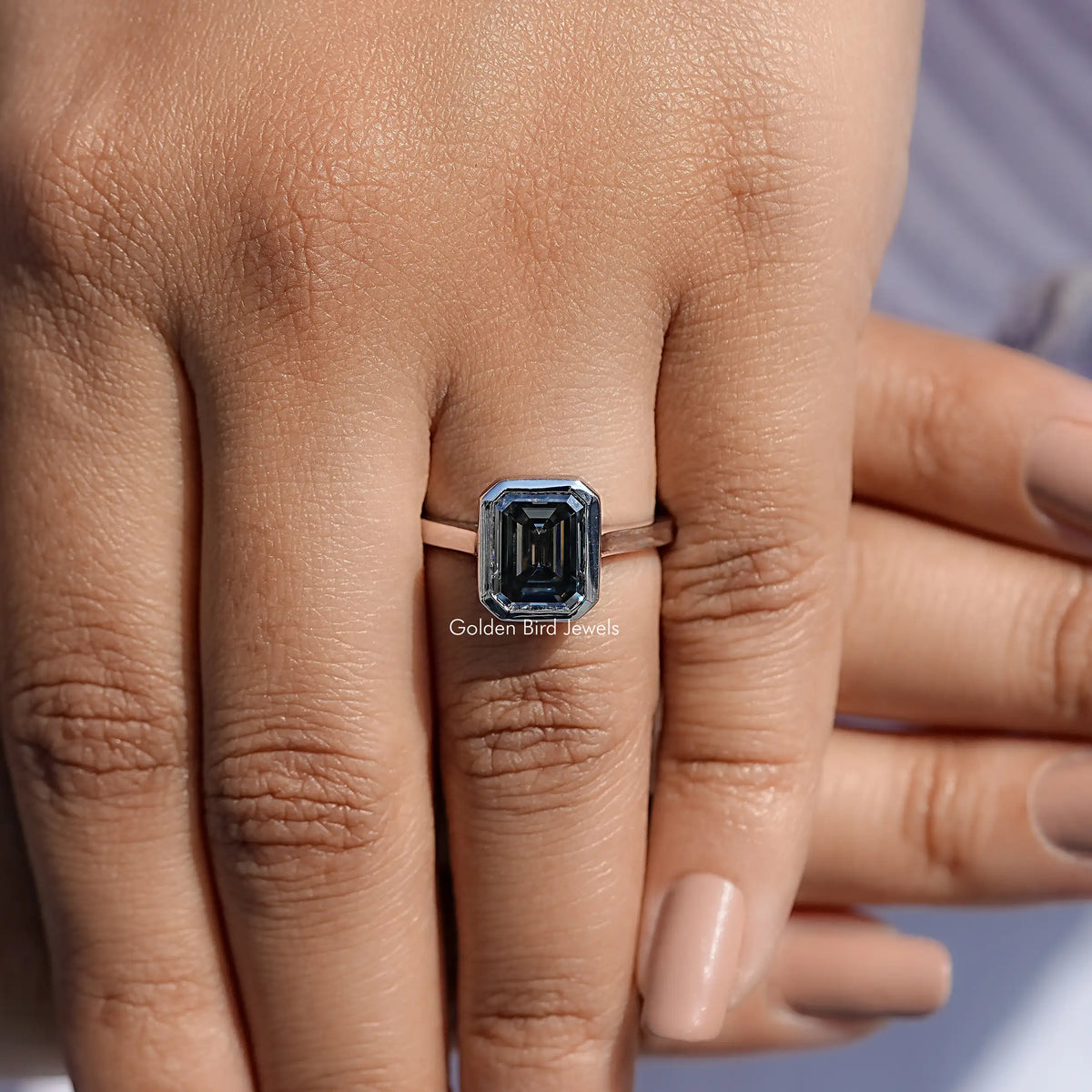 Detailed View Of Grey Emerald Cut Moissanite Ring
