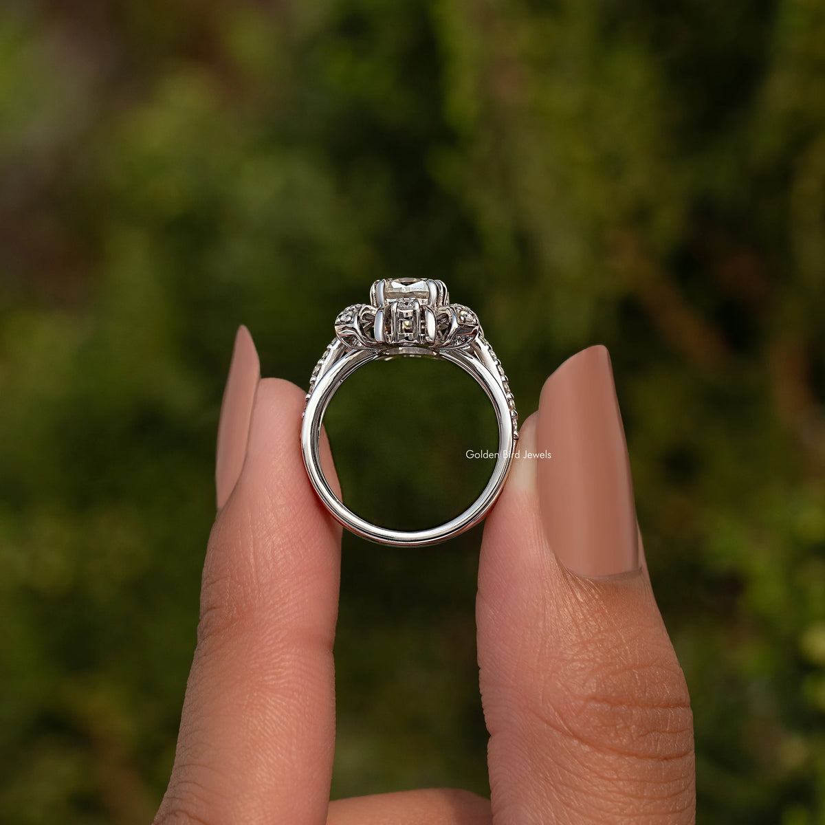 Sterling silver cushion-cut moissanite ring top view with multi-prong setting
